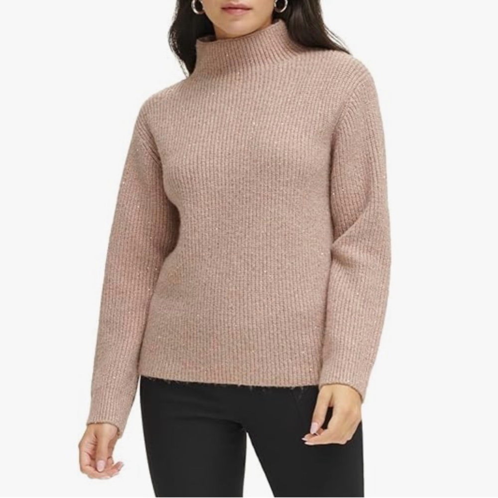 Nwt Calvin Klein Sequin Tan Mock Neck Sweater with Ribbed Texture Size Med